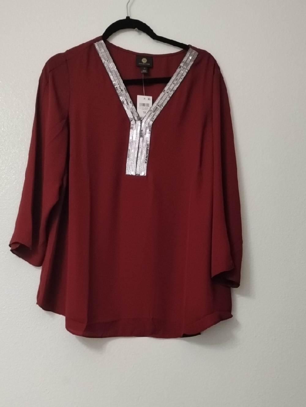 JM CollectionBurgundy V-Neck Blouse with Silver Sequin Trim